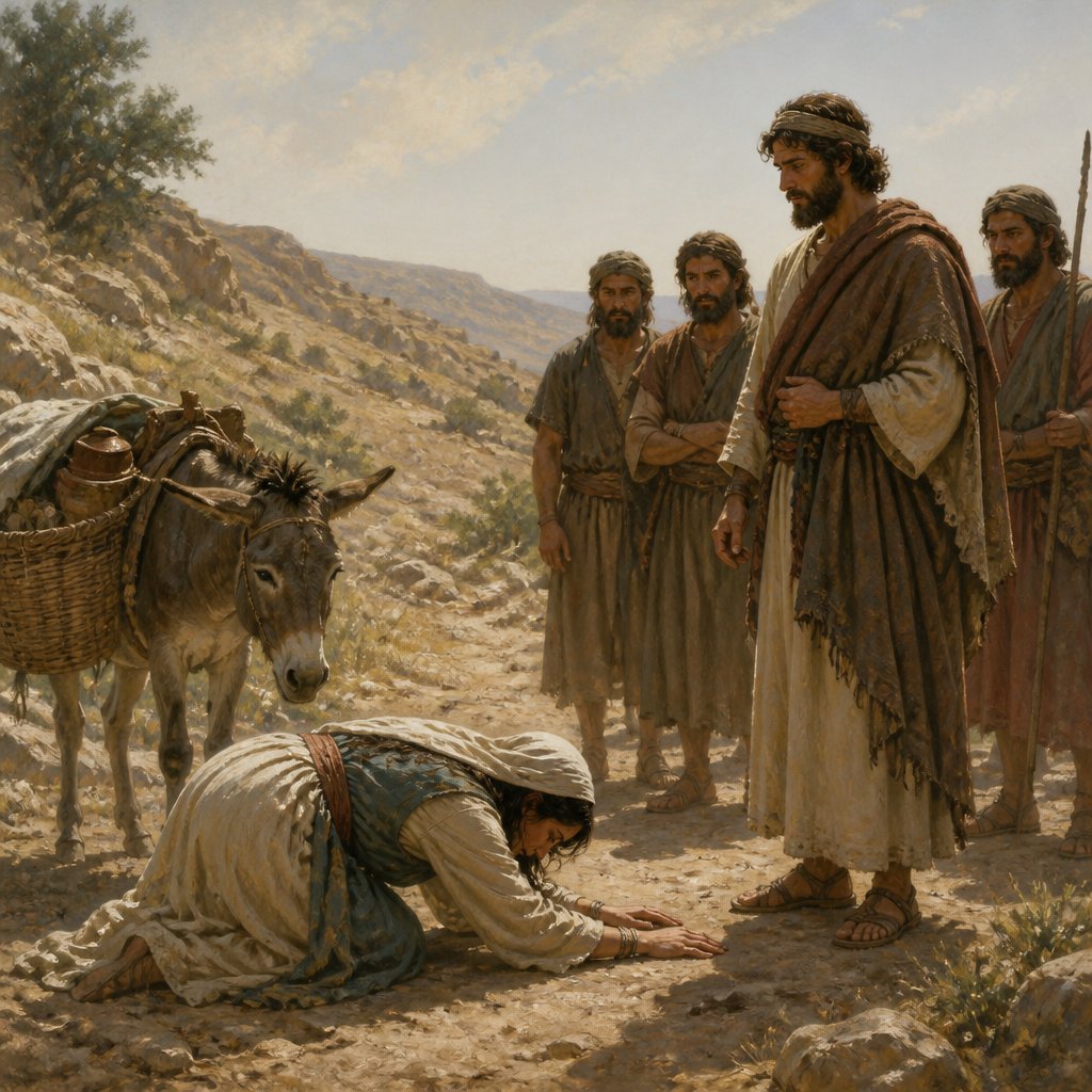 "And when Abigail saw David, she hasted, and lighted off the ass, and fell before David on her face, and bowed herself to the ground," - 1 Samuel 25:{verse.verse_number}