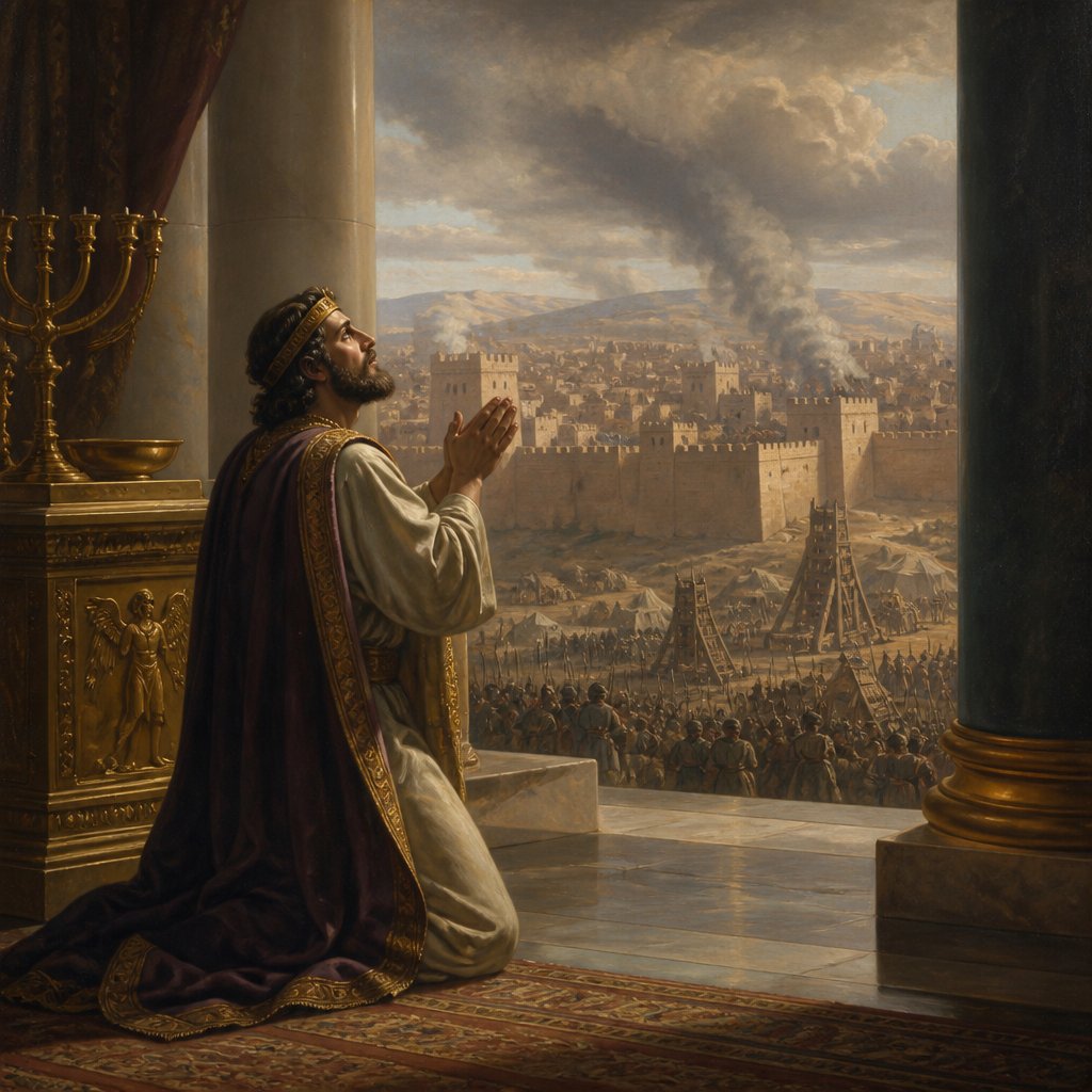 Hezekiah praying in the temple while Jerusalem is surrounded