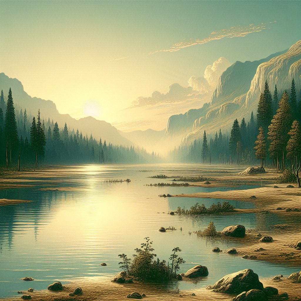 Genesis 8:5 - "And the waters decreased continually until the tenth month: in the tenth month, on the first day of the month, were the tops of the mountains seen."
Generate a digital art style image that portrays a serene landscape featuring an event described in Genesis 8:5 from the Bible. Picture a scenario where water levels are receding gradually and by the tenth month, on its first day, the peaks of mountains start to become visible. The environment is tranquil, the sky is gradually clearing up showing the dawn of a new era, and in the far distance, the tops of mountains have just begun to peek above the waters.