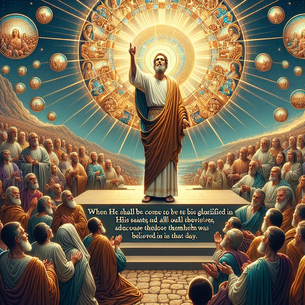 2 Thessalonians 1:10 - "When he shall come to be glorified in his saints, and to be admired in all them that believe (because our testimony among you was believed) in that day."
Create a visual interpretation of 2 Thessalonians 1:10, which reads, 'When he shall come to be glorified in his saints, and to be admired in all them that believe (because our testimony among you was believed) in that day.' The image should involve a figure of admiration being praised and revered by a multitude of other individuals who seem to exhibit a deep belief in the figure's words. It could also include symbolic elements that reflect the essence of this verse. This should be presented with the clarity and precision associated with meticulously crafted digital art.