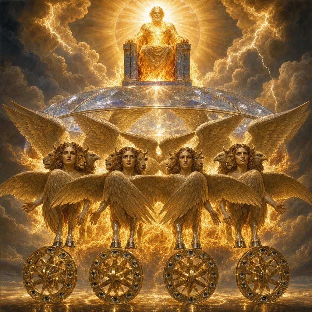 Hes 1 an immense cloud with flashing lightning and surrounded by brilliant light. The centre of the fire looked like glowing metal,
5 and in the fire was what looked like four living creatures. In appearance their form was human,
6 but each of them had four faces and four wings.
7 Their legs were straight; their feet were like those of a calf and gleamed like burnished bronze.
8 Under their wings on their four sides they had human hands. All four of them had faces and wings,
9 and the wings of one touched the wings of another. Each one went straight ahead; they did not turn as they moved.
10 Their faces looked like this: each of the four had the face of a human being, and on the right side each had the face of a lion, and on the left the face of an ox; each also had the face of an eagle.
11 Such were their faces. They each had two wings spreading out upwards, each wing touching that of the creature on either side; and each had two other wings covering its body.
12 Each one went straight ahead. Wherever the spirit would go, they would go, without turning as they went.
13 The appearance of the living creatures was like burning coals of fire or like torches. Fire moved back and forth among the creatures; it was bright, and lightning flashed out of it.
15 As I looked at the living creatures, I saw a wheel on the ground beside each creature with its four faces.
16 This was the appearance and structure of the wheels: they sparkled like topaz, and all four looked alike. Each appeared to be made like a wheel intersecting a wheel.
Their rims were high and awesome, and all four rims were full of eyes all around.
22 Spread out above the heads of the living creatures was what looked something like a vault, sparkling like crystal, and awesome.
23 Under the vault their wings were stretched out one towards the other, and each had two wings covering its body.
26 Above the vault over their heads was what looked like a throne of lapis lazuli, and high above on the throne was a figure like that of a man.
27 I saw that from what appeared to be his waist up he looked like glowing metal, as if full of fire, and that from there down he looked like fire; and brilliant light surrounded him.