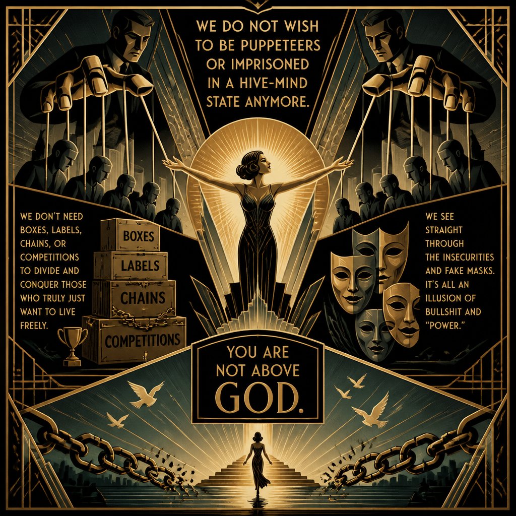 We do not wish to be puppeteers or imprisoned in a hive-mind state anymore. We don’t need boxes, labels, chains, or competitions to divide and conquer those who truly just want to live freely. We see straight through the insecurities and fake masks. It’s all an illusion of bullshit and “power.” You are not above God.