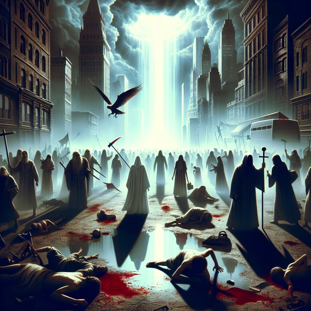 Ezekiel 28:23 - "For I will send into her pestilence, and blood into her streets; and the wounded shall be judged in the midst of her by the sword upon her on every side; and they shall know that I am the LORD."
A dramatic representation of the biblical verse, Ezekiel 28:23. Illustrate a city in turmoil, with signs of pestilence and blood in the streets. Show people with wounds being judged amidst the chaos with the shadow of a sword looming over them. In the background, let an ethereal light permeate, hinting at a divine presence. The style should be reminiscent of digital art without being in the precise style of a particular contemporary artist.