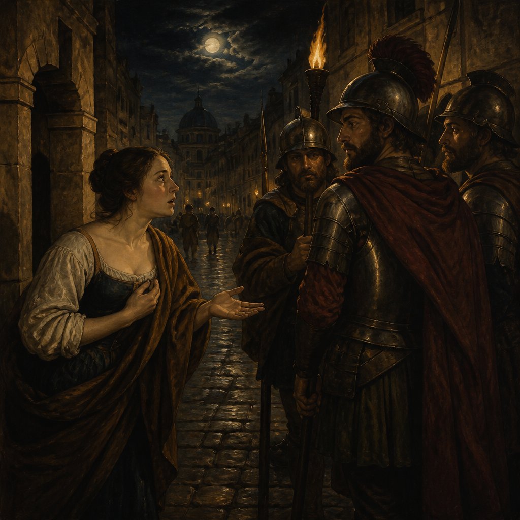Young woman going down a city Street at night , asking a group of soldiers where her young man is