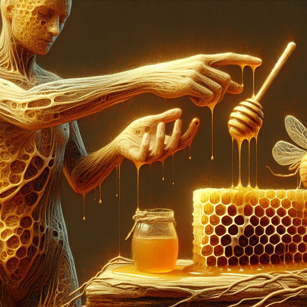 Proverbs 24:13 - "My son, eat thou honey, because it is good; and the honeycomb, which is sweet to thy taste:"
A visual representation of Proverbs 24:13 - 'My son, eat thou honey, because it is good; and the honeycomb, which is sweet to thy taste' in an artistic digital interpretation. Consider elements such as a figure gesturing towards a honeycomb, with an emphasis on the textural contrasts between the hard, waxy honeycomb and the sticky, dripping honey. The setting could be of nature or a homely environment, subtly depicting the goodness and sweetness mentioned in the proverb. Use a palette rich in hues of gold, yellow, and brown to represent all the honey-associated colors.