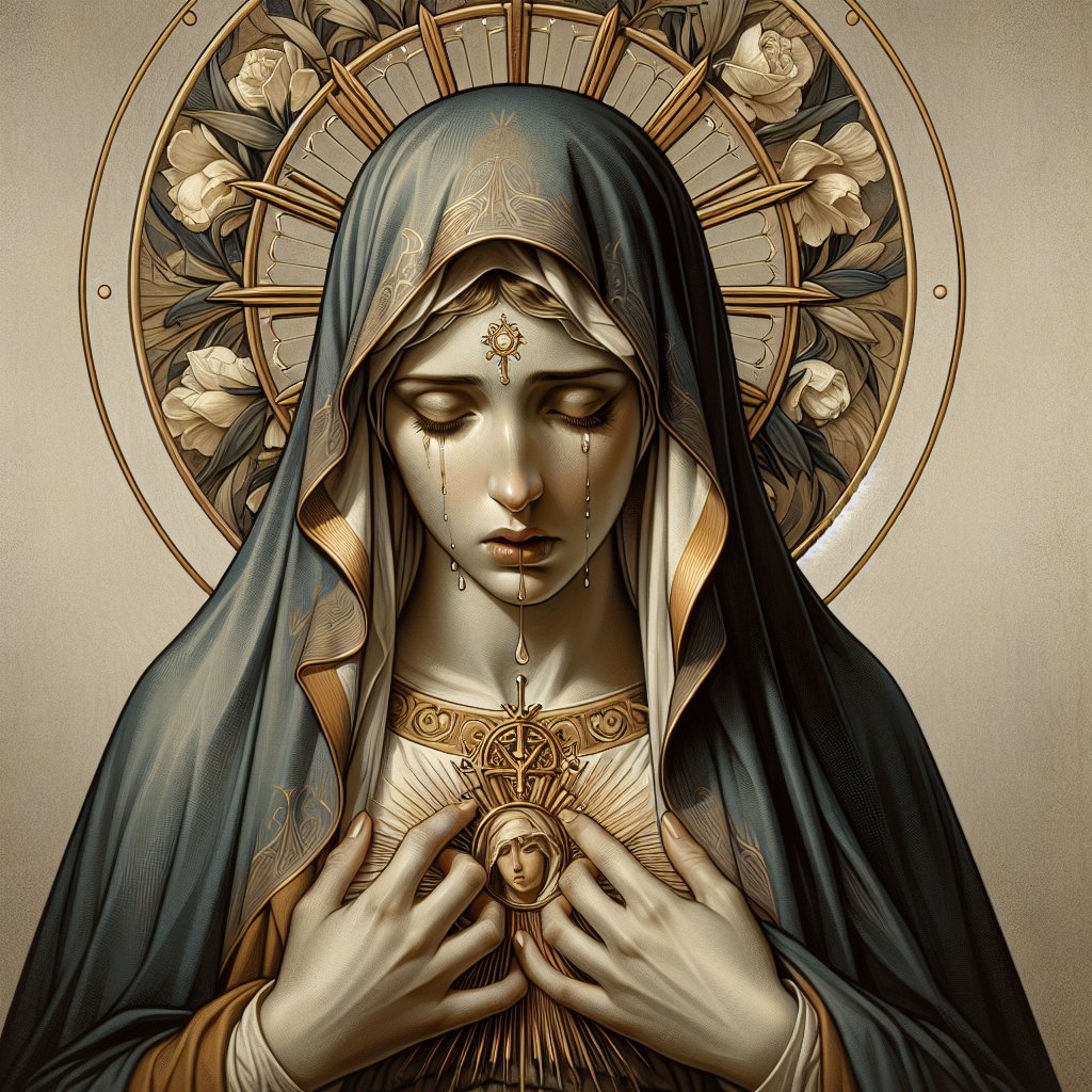 Our Lady of Sorrows, tears, realism, art nouveau, natural color, symmetry
Create a respectful and devotional image displaying Our Lady of Sorrows. She should be painted in natural colors with a sense of symmetry and elements characteristic of Art Nouveau. Her demeanor should reflect the sorrow and tears she's often associated with in religious art, and the overall style should be photorealistic. Please ensure the artwork avoids the inclusion of any text or words.