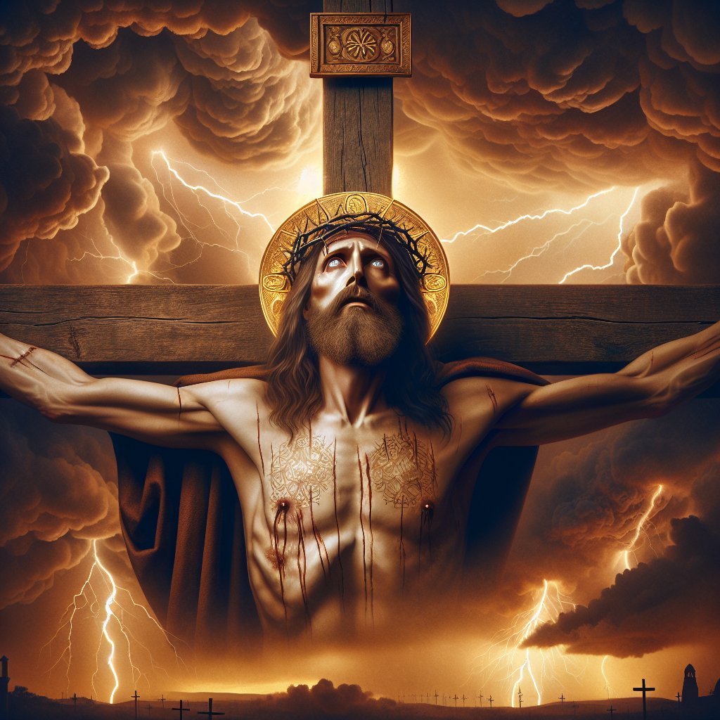 Jesus Christ Crucified with thunderstorms and lightning in the sky, symmetry, art nouveau, natural colors
Create a respectful and devotional image that portrays a historical figure resembling the traditional depictions of Jesus Christ. The figure should be in a crucifixion pose under a dramatic sky filled with thunderstorms and frequent lightning strikes. The image should strive for symmetry and be rooted in the Art Nouveau aesthetic while adopting natural colors. Also, apply the rules of photorealism to give a lifelike depiction of the scene and all its elements, such as the figure's facial expressions and the texture of the wooden cross. Nothing should be written as text in this image.