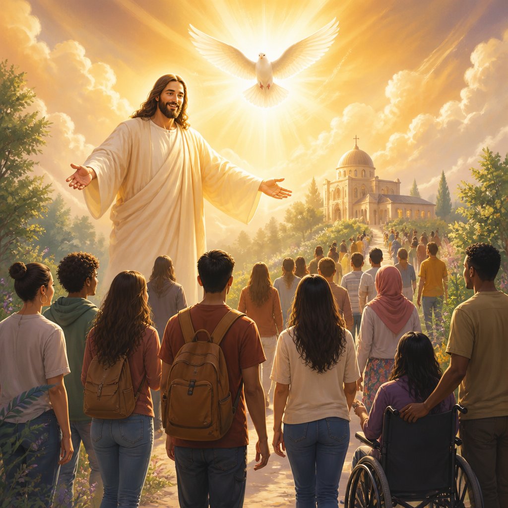 General scene of Jesus and the Holy Spirit welcoming diverse people to a catholic retreat