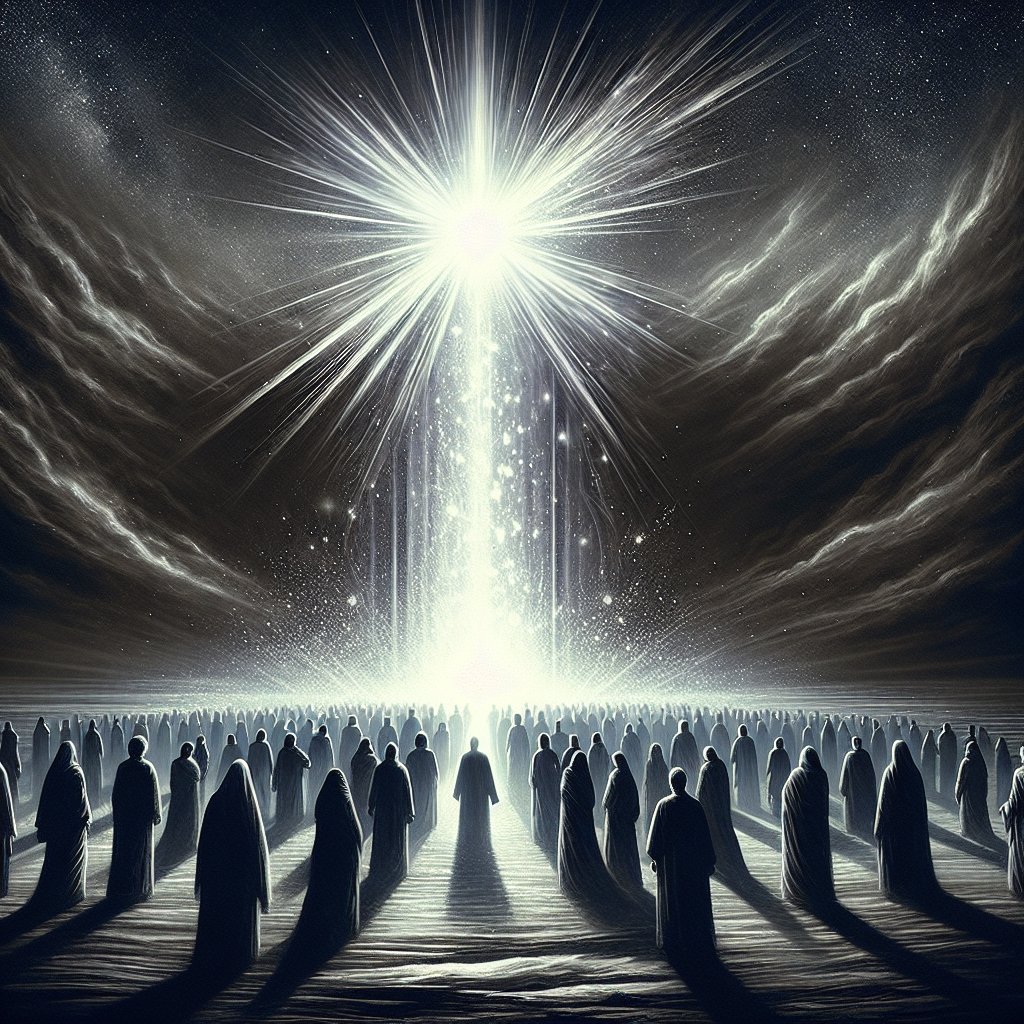 Matthew 4:16 - "The people which sat in darkness saw great light; and to them which sat in the region and shadow of death light is sprung up."
An interpretation of the biblical passage Matthew 4:16, depicted respectfully and with reverence towards Christianity. Show a group of individuals encompassed in shadow and darkness, perhaps under a starless night sky or in a bleak landscape. Then depict a magnificent burst of light piercing through the darkness, a beacon of hope and deliverance. The light might spring from a source unseen, making it appear mysterious and divine. The style of the image should be akin to digital art. Make sure no text or words are included in this visual representation.