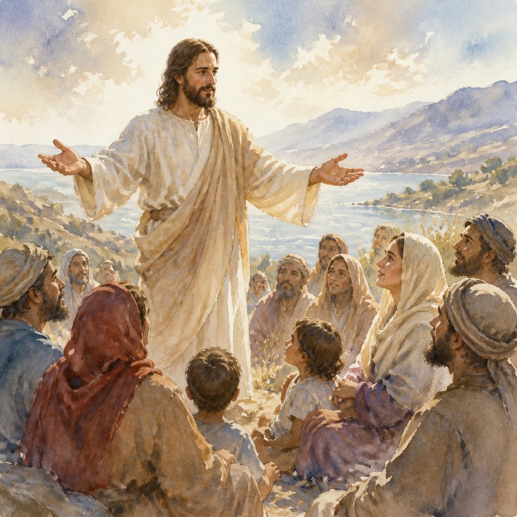 JESUS WITH OUTSTRETCHED ARMS AND OPEN HANDS while ministering to PEOPLE about charity and hope IN THE FOREGROUND