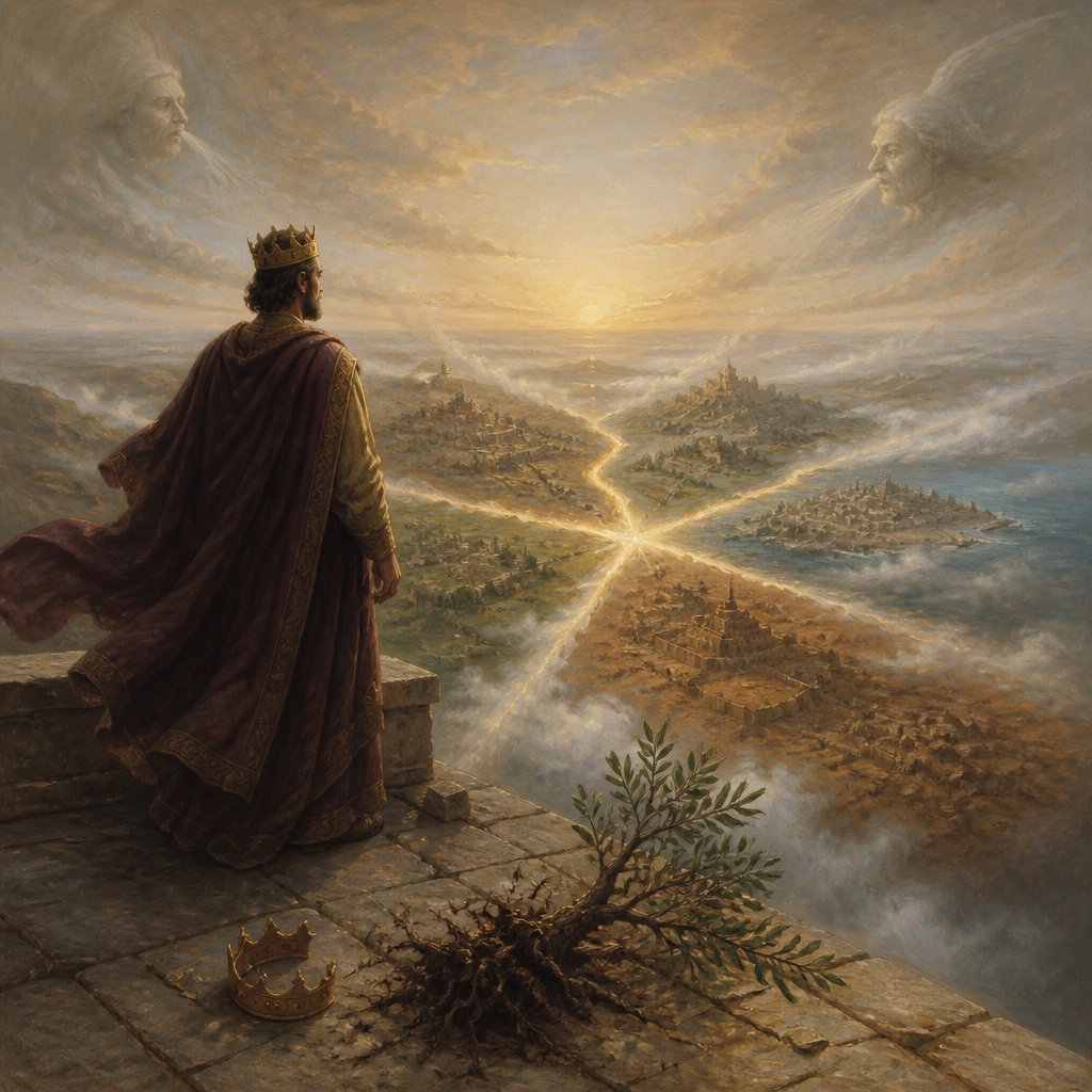 "And when he shall stand up, his kingdom shall be broken, and shall be divided toward the four winds of heaven; and not to his posterity, nor according to his dominion which he ruled: for his kingdom shall be plucked up, even for others beside those." - Daniel 11:{verse.verse_number}