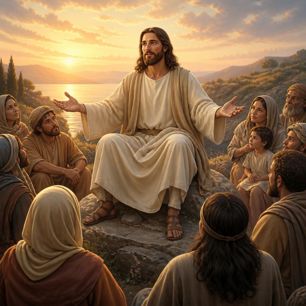 JESUS sitting WITH OUTSTRETCHED ARMS AND OPEN HANDS while ministering to PEOPLE about charity and hope IN THE FOREGROUND