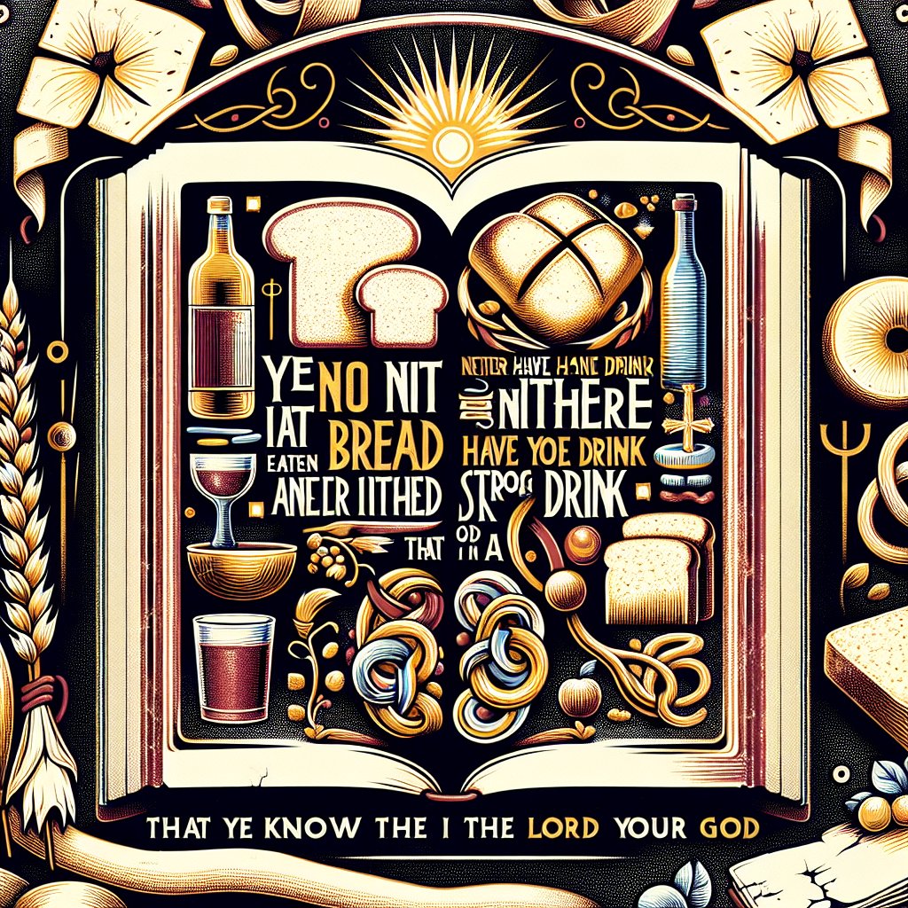 Deuteronomy 29:6 - "Ye have not eaten bread, neither have ye drunk wine or strong drink: that ye might know that I am the LORD your God."
A bible verse: Deuteronomy 29:6 - 'Ye have not eaten bread, neither have ye drunk wine or strong drink: that ye might know that I am the LORD your God.' Illustrated in a style similar to digital art with a mix of modern and traditional style, representing the bindings of an ancient manuscript. The verse should be highlighted prominently, surrounded with symbolic representations of bread and wine. A divine aura can be depicted, adding a touch of spirituality.