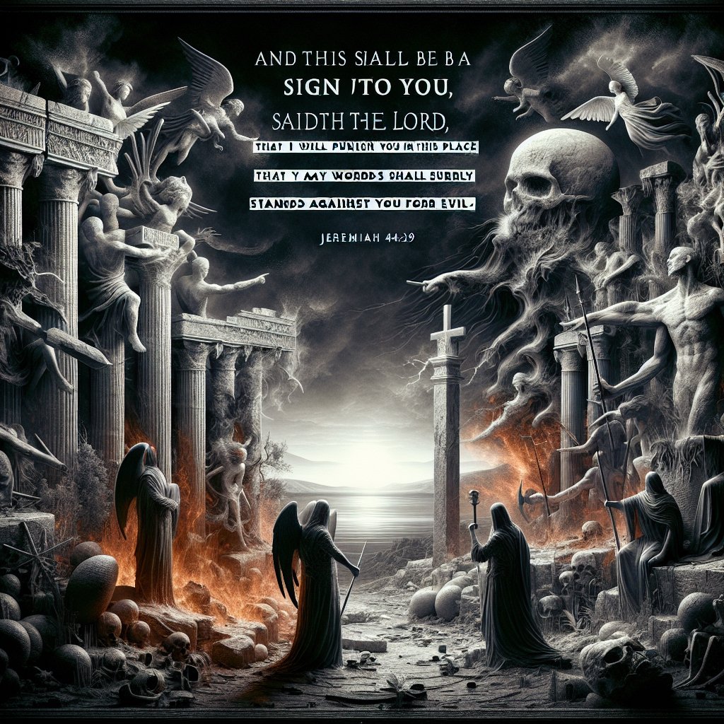 Jeremiah 44:29 - "¶ And this shall be a sign unto you, saith the LORD, that I will punish you in this place, that ye may know that my words shall surely stand against you for evil:"
A meticulously designed digital artwork that conveys the essence of the biblical verse Jeremiah 44:29 - 'And this shall be a sign unto you, saith the LORD, that I will punish you in this place, that ye may know that my words shall surely stand against you for evil:'. Visualize the scene as a symbolic representation of the verse, with biblical elements and ancient figures in a dramatic composition, using predominantly dark hues, stark contrasts, and rough textures to convey a sense of impending doom and divine justice.