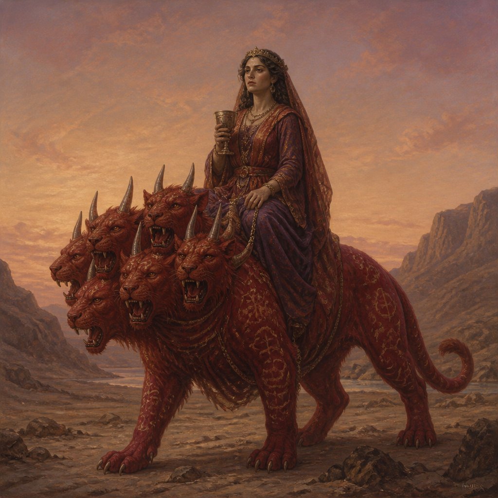"So he carried me away in the spirit into the wilderness: and I saw a woman sit upon a scarlet coloured beast, full of names of blasphemy, having seven heads and ten horns." - Revelation 17:{verse.verse_number}