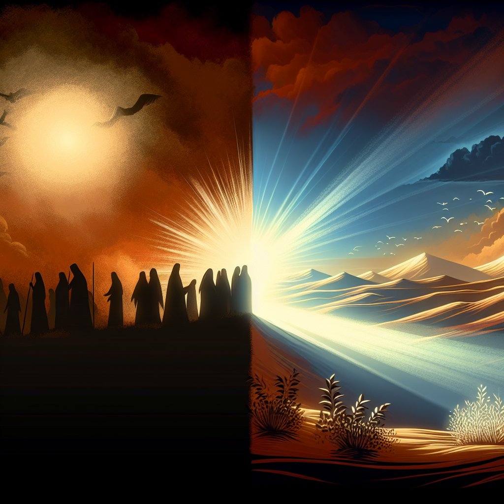 Matthew 4:16 - "The people which sat in darkness saw great light; and to them which sat in the region and shadow of death light is sprung up."
A tastefully crafted digital illustration, embodying spirituality and respect for Christianity. Start on the left with an ominous and somber scene of individuals in silhouette, enveloped by darkness, symbolizing those who 'sat in darkness'. As we pan to the middle and right, transition the scene to an illumination of immense light, inviting and warm, originating from a distant, undefined source, illustrating 'great light'. Include subtle hints of terrain, but avoid distinct geographical markers. The transition from stark darkness to radiant light should be gentle, suggesting the gradual advent of enlightenment and hope.