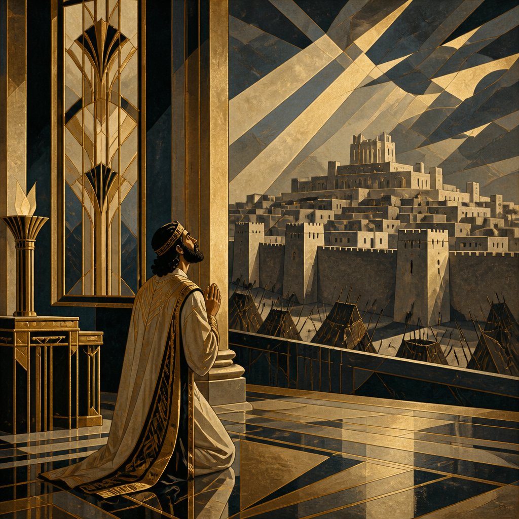 Hezekiah praying in the temple while Jerusalem is surrounded