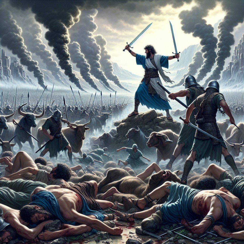 Joshua 11:14 - "And all the spoil of these cities, and the cattle, the children of Israel took for a prey unto themselves; but every man they smote with the edge of the sword, until they had destroyed them, neither left they any to breathe."
A digital art interpretation of a scene from the Bible, Joshua 11:14. It illustrates the children of Israel seizing the spoils and cattle from cities as their own, while all men are defeated by the edge of a sword, with none left to breathe. The pivotal moment when they have reached their goal of total destruction is depicted, with emphasized contrast between the victory of the Israelites and the defeat of the cities' men.