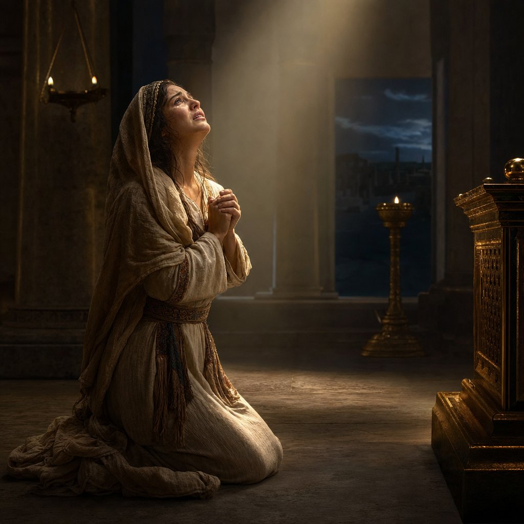 Image of Hannah praying in the temple at night asking God to give her a child
Make Hannah a Jewish woman have her about 25 years old have a light gently shine on her as she prays. Hannah is desperate for a child and she’s pleading with God for a son