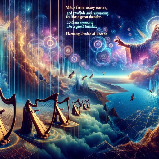 Revelation 14:2 - "And I heard a voice from heaven, as the voice of many waters, and as the voice of a great thunder: and I heard the voice of harpers harping with their harps:"

Visual representation of a biblical verse. Revelation 14:2 - A heavenly scene where a voice from heavens is portrayed as powerful as many waters, loud and resonating like a great thunder. Alongside, harpers are seen, their fingers delicately strumming their harps, creating mesmerizing music. The effect of the music is so enchanting that it seems to align with the powerful voice of heaven. This fantastic landscape should appear as though it's from a distant dream where reality mixes with unimaginable elements. The design should hint towards the properties of digital art, with rich colours, clean lines and a heightened sense of surrealism.