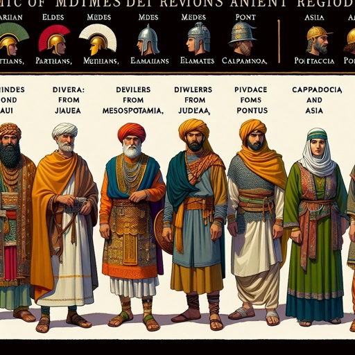 Acts 2:9 - "Parthians, and Medes, and Elamites, and the dwellers in Mesopotamia, and in Judaea, and Cappadocia, in Pontus, and Asia,"

A dynamic tableau in the digital art style depicting a mix of individuals from different ancient regions: Parthians, Medes, Elamites, dwellers from Mesopotamia, Judaea, Cappadocia, Pontus, and Asia. Each character should reflect distinctive historical clothing, cultural attributes, and accessories of their regions, highlighting the diversity and vibrancy of their respective cultures.