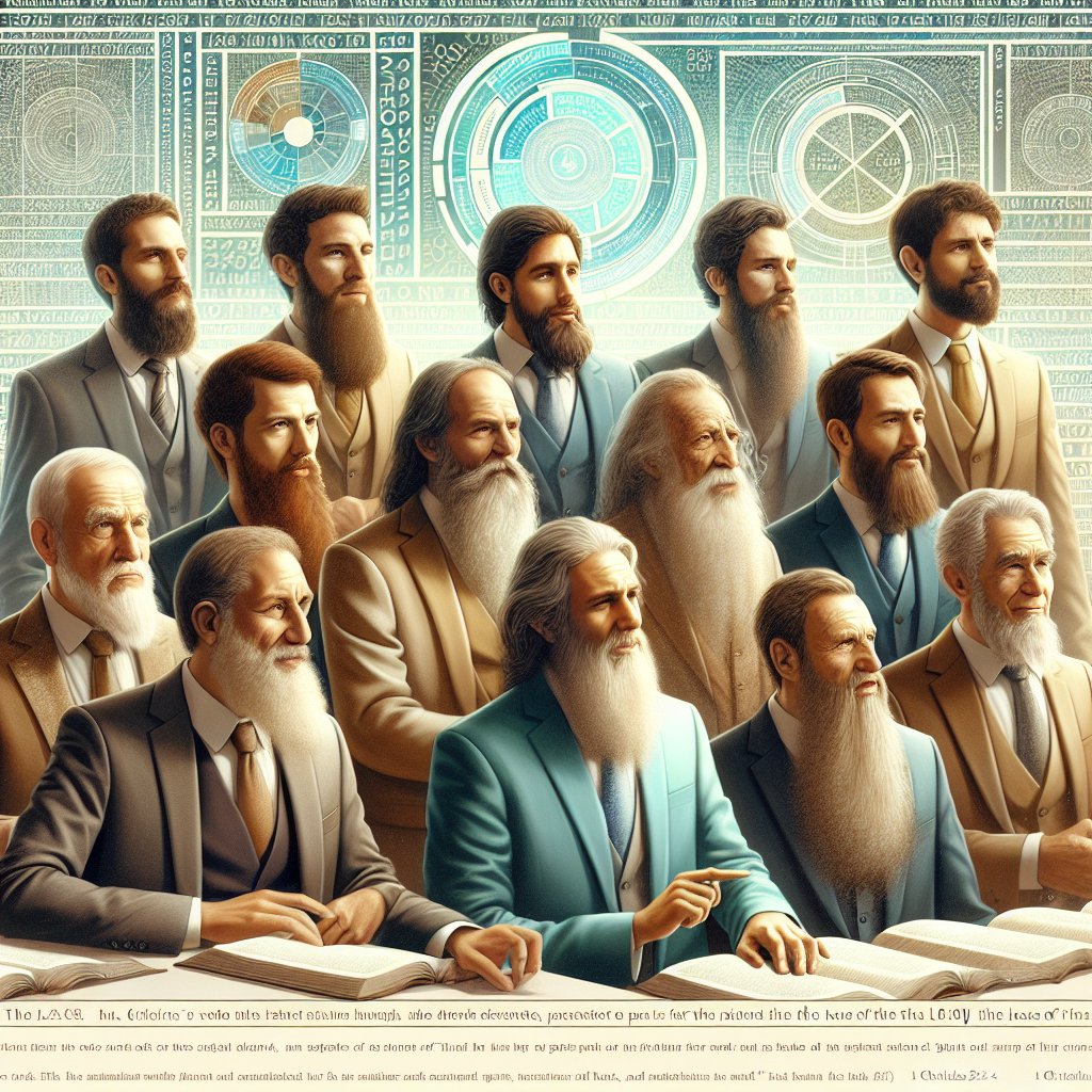 1 Chronicles 23:24 - "¶ These were the sons of Levi after the house of their fathers; even the chief of the fathers, as they were counted by number of names by their polls, that did the work for the service of the house of the LORD, from the age of twenty years and upward."
Create a digital art image that visualizes the passage from 1 Chronicles 23:24. The scene contains several men, the sons of Levi, from different descents like Hispanic, Middle-Eastern, and South Asian. They are exhibiting characteristics of a higher social status indicative of the term 'chief of the fathers'. There's an abstract representation of their names and numbers in the background. They are engaged in metaphorical work for a sacred space symbolizing the 'house of the LORD'. Their ages range from twenty years and upwards, showing varying degrees of maturity and wisdom.