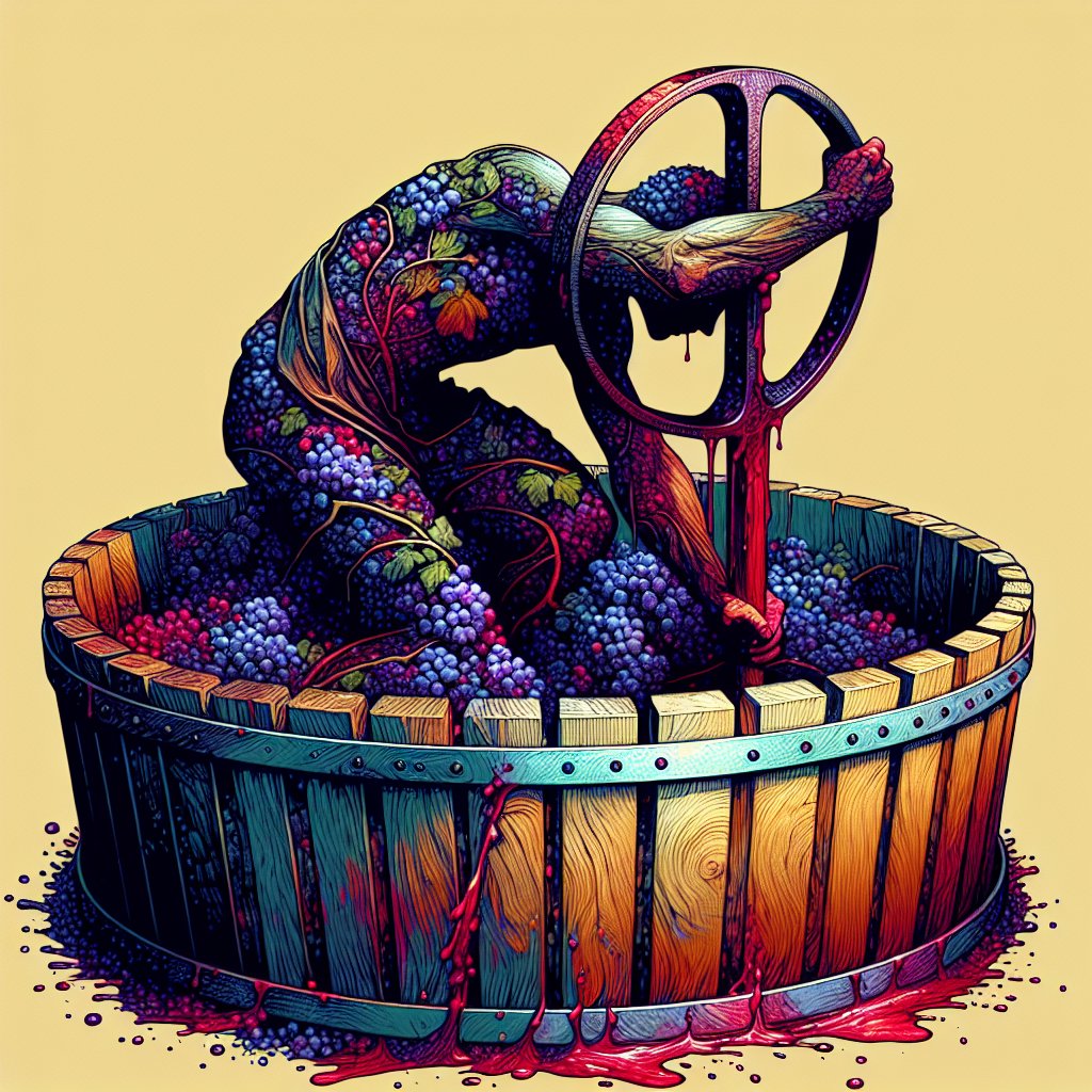 Isaiah 63:3 - "I have trodden the winepress alone; and of the people there was none with me: for I will tread them in mine anger, and trample them in my fury; and their blood shall be sprinkled upon my garments, and I will stain all my raiment."
Generate a symbolic depiction of the biblical verse Isaiah 63:3. Visualize a solitary figure in a winepress, with the intensity of their emotions expressed as they tread on the grapes. Gauges the force of anger and fury, with the grape juice symbolically represented as splattering across their garments. Make sure to portray this scene with elements of digital art styling.
