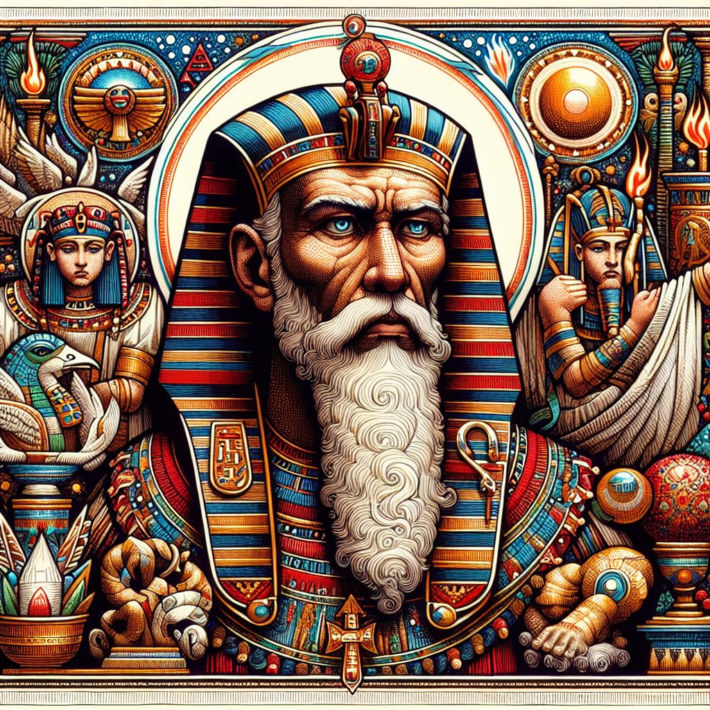 Exodus 7:3 - "And I will harden Pharaoh's heart, and multiply my signs and my wonders in the land of Egypt."
A depiction of a scene from Exodus 7:3 from the Bible. Show Pharaoh, a Middle-Eastern man, with a hardened expression on his face. Surround him with multiple divine signs and wonders emblematic of ancient Egypt. This should not be in the style of modern digital art, but instead drawn with the intricacy and detail typical of illuminated manuscripts, akin to those made during the Middle Ages, primarily using ink and vibrant colors.
