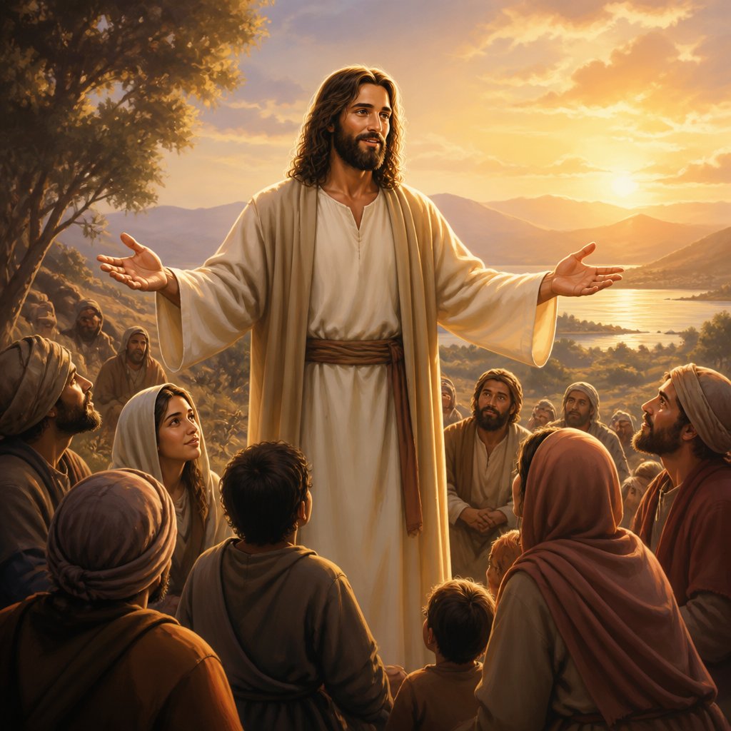 JESUS WITH OUTSTRETCHED ARMS AND OPEN HANDS while ministering to PEOPLE about charity and hope IN THE FOREGROUND