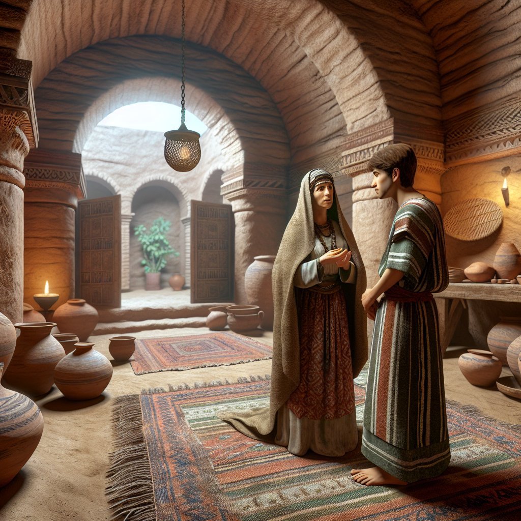 Genesis 27:6 - "¶ And Rebekah spake unto Jacob her son, saying, Behold, I heard thy father speak unto Esau thy brother, saying,"
A digital rendering of a biblical scenario from Genesis 27:6. The setting occurs inside an ancient Middle-Eastern dwelling during the day. The image depicts Rebekah, a middle-aged Middle-Eastern woman clothed in traditional attire, speaking earnestly to Jacob, a young Middle-Eastern man in period clothing. In the background, the interior details of the dwelling can be seen – clay walls, earthen pots and woven rugs. This digitally composed scene should balance accuracy to the historical period and a touch of modern artistry.
