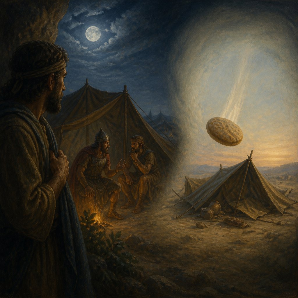 "And when Gideon was come, behold, there was a man that told a dream unto his fellow, and said, Behold, I dreamed a dream, and, lo, a cake of barley bread tumbled into the host of Midian, and came unto a tent, and smote it that it fell, and overturned it, that the tent lay along." - Judges 7:13