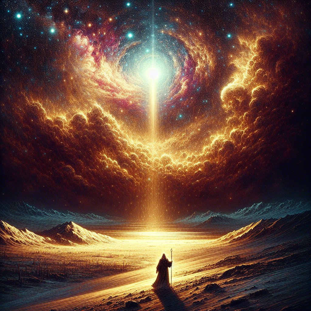 Ezekiel 32:1 - "And it came to pass in the twelfth year, in the twelfth month, in the first day of the month, that the word of the LORD came unto me, saying,"
A depiction of the biblical verse, Ezekiel 32:1 - 'And it came to pass in the twelfth year, in the twelfth month, in the first day of the month, that the word of the LORD came unto me, saying' using a richly textured, detailed, and vibrantly colored digital art style. The image presents a bright source, symbolizing the word of the Lord, appearing to a lonely figure, positioned in a barren landscape depicting it's the twelfth month. The sky cruelly reflects the winter, enhanced by a dazzling array of stars. The loneliness of the figure is contrasted by the warm, divine light reaching out to them, symbolizing the word of God.