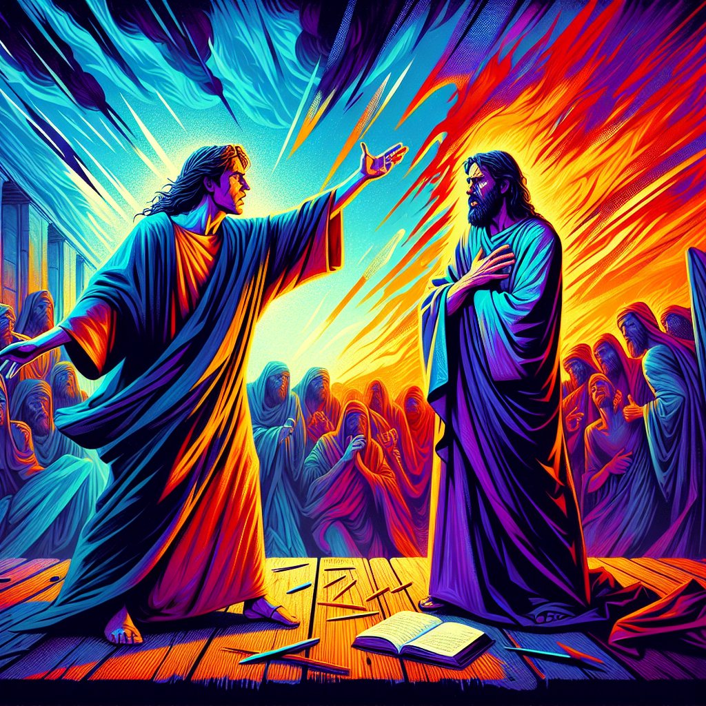 Matthew 26:72 - "And again he denied with an oath, I do not know the man."

Matthew 26:72 - 'And again he denied with an oath, I do not know the man.' Render this biblical scene in a modern digital art style, incorporating vivid colors, sharp lines, and high contrast. The scene should have a dramatic feel, highlighting the emotion and tension of the denial. The visual narrative should ideally center on a figure in the process of making an oath, with a confused and unknowing expression directed towards an unknown man. The spectacle should capture both the physical and emotional distance between the two figures.