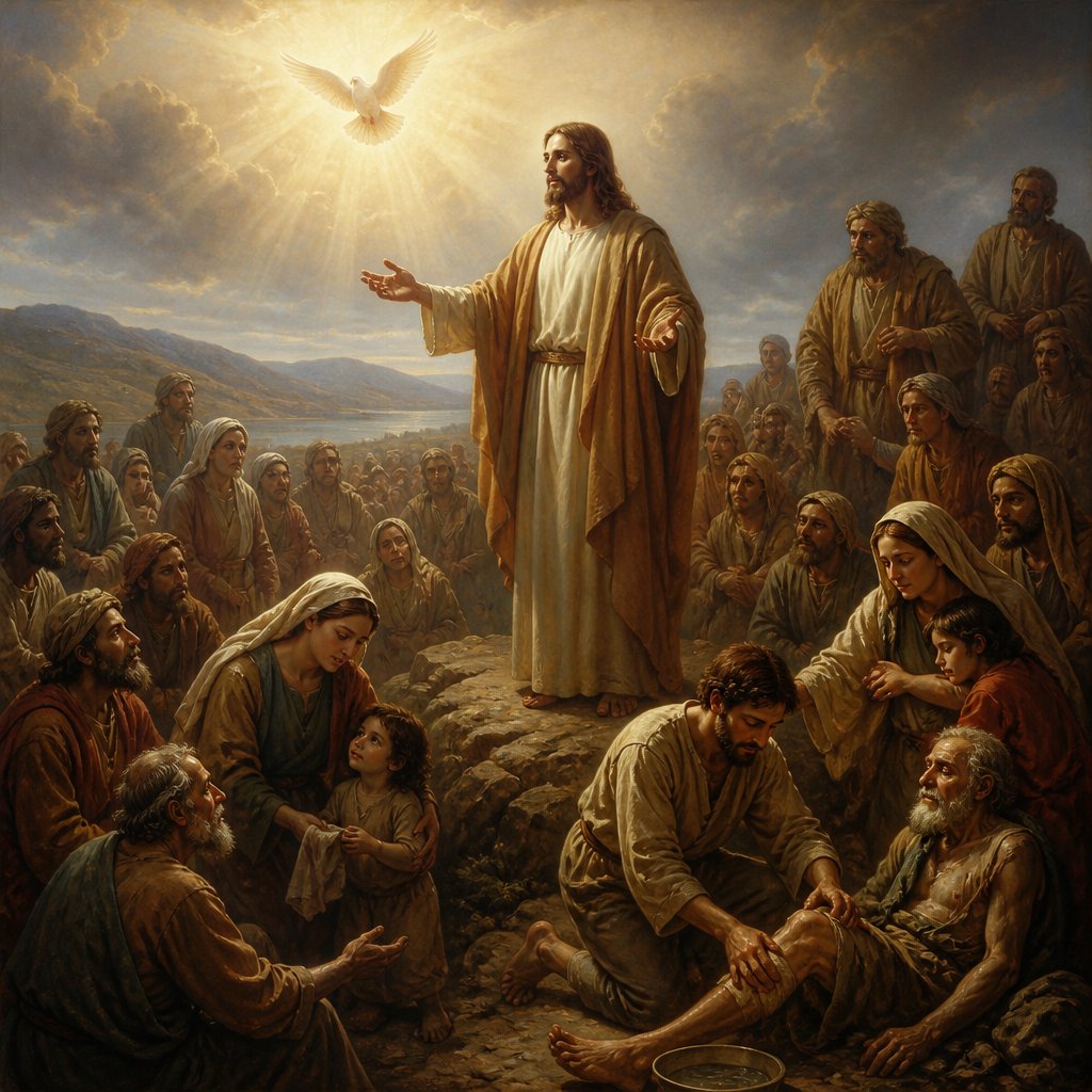 Jesus preaching to the masses about what they do for the least of them they do for Jesus Matthew 25:40 with Holy Spirit in the background