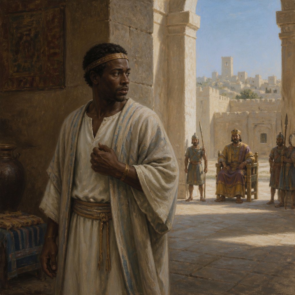 "¶ Now when Ebed-melech the Ethiopian, one of the eunuchs which was in the king's house, heard that they had put Jeremiah in the dungeon; the king then sitting in the gate of Benjamin;" - Jeremiah 38:{verse.verse_number}