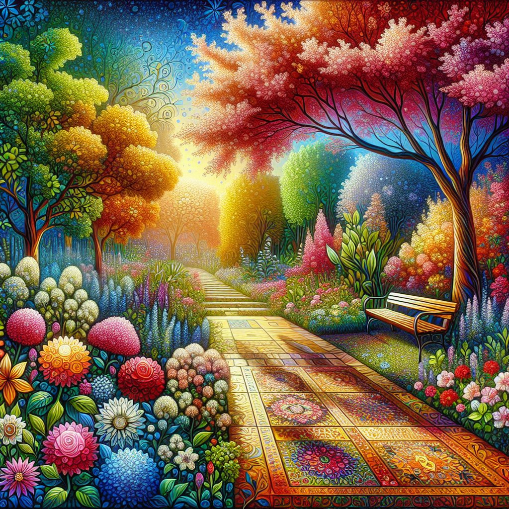 The garden
Create an artwork showcasing a garden that is reflective and respectful of Christianity. This should be a digital art-inspired creation with vibrant colors, enhanced details, and imaginative concepts. The garden should feature an array of blooming flowers, shady trees, maybe a small bench for prayers and contemplation. Do not include any text or words in the image.