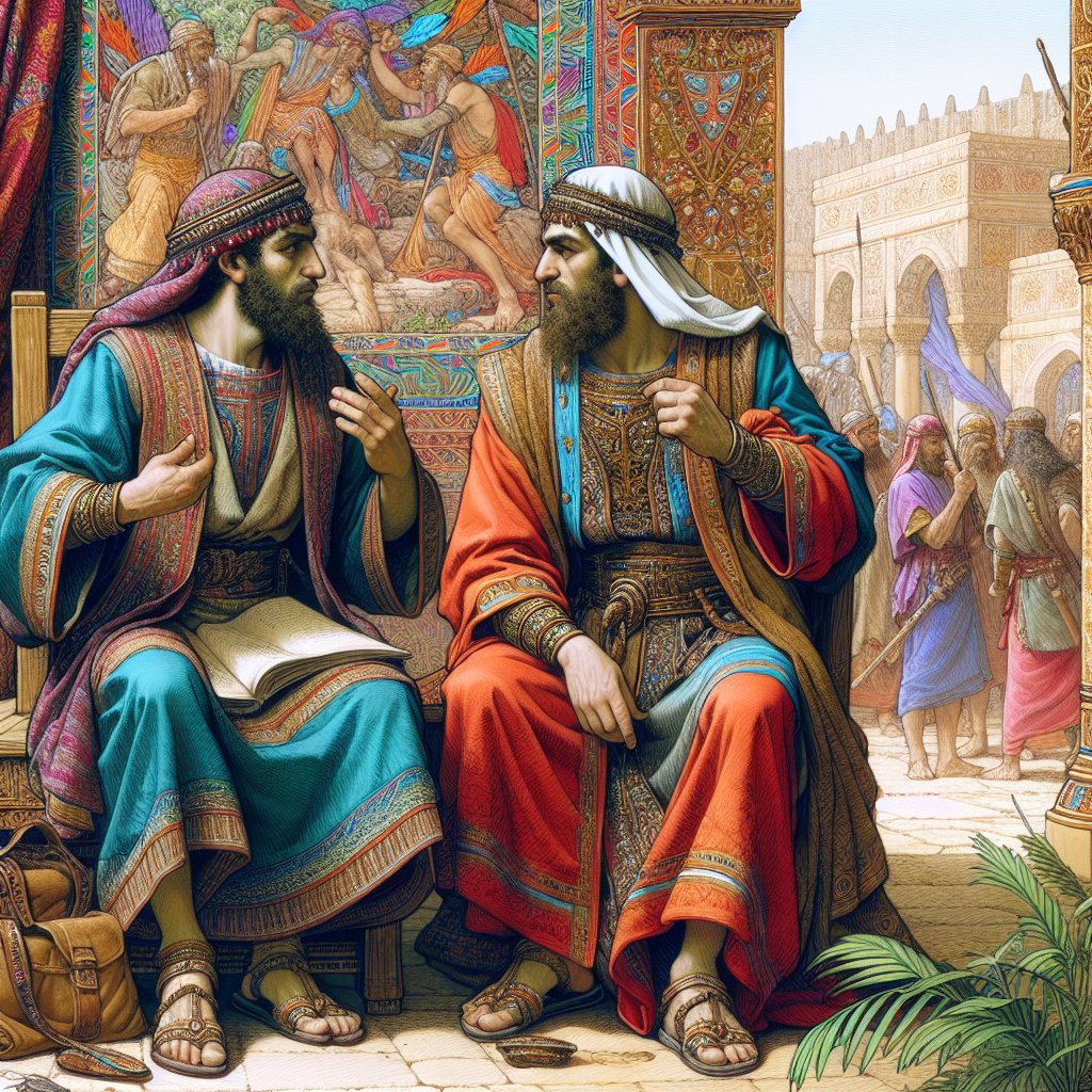 2 Samuel 23:27 - "Abiezer the Anethothite, Mebunnai the Hushathite,"
A detailed and colorful visual interpretation of a scene from the biblical text 2 Samuel 23:27, featuring two figures: Abiezer the Anethothite and Mebunnai the Hushathite. The scene should reflect the rich context and cultural ambiance of their era, focusing on their attire, gestures, and the surrounding environment, imagined in a general, digital artistic form.