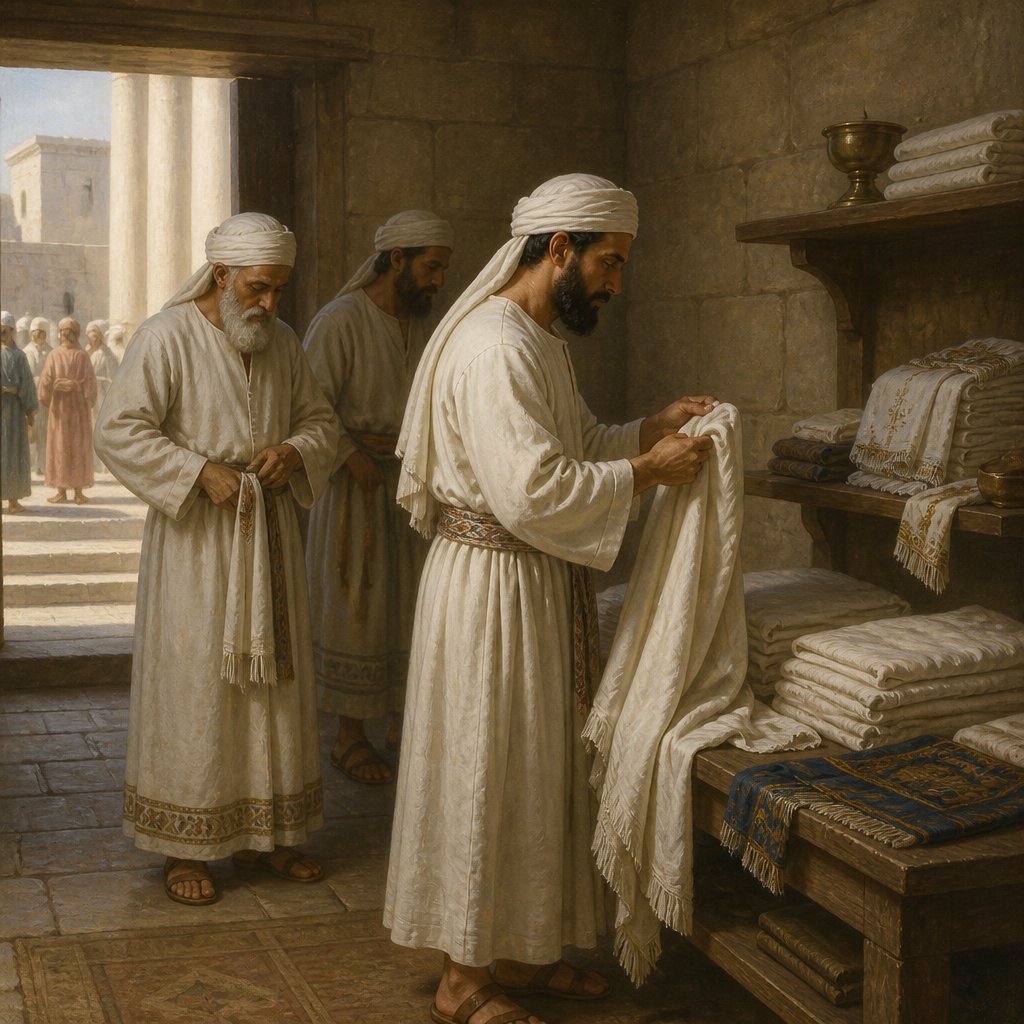"When the priests enter therein, then shall they not go out of the holy place into the utter court, but there they shall lay their garments wherein they minister; for they are holy; and shall put on other garments, and shall approach to those things which are for the people." - Ezekiel 42:14