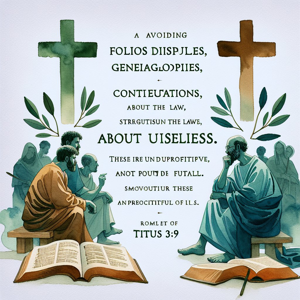 Titus 3: 9 But avoid foolish disputes, genealogies, contentions, and strivings about the law; for they are unprofitable and useless
A representation of Titus 3:9 in a respectful and devotional context towards Christianity, using traditional biblical symbolism in a watercolor style. The art should convey the concept of avoiding foolish disputes, genealogies, contentions, and strivings about the law, indicating that these are unprofitable and useless. Imagery may include subdued or muted tones, people in contemplation or peaceful dialogue, olive branches, crosses or open books (symbolizing the Bible). Remember not to include any explicit text or words in the picture.