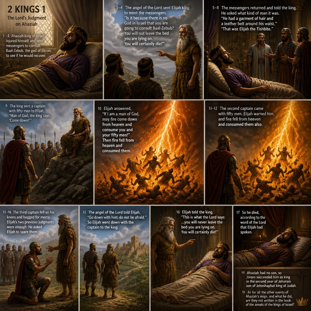 2 Kings 1
The Lord’s Judgment on Ahaziah
1After Ahab’s death, Moab rebelled against Israel. 2Now Ahaziah had fallen through the lattice of his upper room in Samaria and injured himself. So he sent messengers, saying to them, “Go and consult Baal-Zebub, the god of Ekron, to see if I will recover from this injury.”
3But the angel of the Lord said to Elijah the Tishbite, “Go up and meet the messengers of the king of Samaria and ask them, ‘Is it because there is no God in Israel that you are going off to consult Baal-Zebub, the god of Ekron?’ 4Therefore this is what the Lord says: ‘You will not leave the bed you are lying on. You will certainly die!’ ” So Elijah went.
5When the messengers returned to the king, he asked them, “Why have you come back?”
6“A man came to meet us,” they replied. “And he said to us, ‘Go back to the king who sent you and tell him, “This is what the Lord says: Is it because there is no God in Israel that you are sending messengers to consult Baal-Zebub, the god of Ekron? Therefore you will not leave the bed you are lying on. You will certainly die!” ’ ”
7The king asked them, “What kind of man was it who came to meet you and told you this?”
8They replied, “He had a garment of hair and had a leather belt around his waist.”
The king said, “That was Elijah the Tishbite.”
9Then he sent to Elijah a captain with his company of fifty men. The captain went up to Elijah, who was sitting on the top of a hill, and said to him, “Man of God, the king says, ‘Come down!’ ”
10Elijah answered the captain, “If I am a man of God, may fire come down from heaven and consume you and your fifty men!” Then fire fell from heaven and consumed the captain and his men.
11At this the king sent to Elijah another captain with his fifty men. The captain said to him, “Man of God, this is what the king says, ‘Come down at once!’ ”
12“If I am a man of God,” Elijah replied, “may fire come down from heaven and consume you and your fifty men!” Then the fire of God fell from heaven and consumed him and his fifty men.
13So the king sent a third captain with his fifty men. This third captain went up and fell on his knees before Elijah. “Man of God,” he begged, “please have respect for my life and the lives of these fifty men, your servants! 14See, fire has fallen from heaven and consumed the first two captains and all their men. But now have respect for my life!”
15The angel of the Lord said to Elijah, “Go down with him; do not be afraid of him.” So Elijah got up and went down with him to the king.
16He told the king, “This is what the Lord says: Is it because there is no God in Israel for you to consult that you have sent messengers to consult Baal-Zebub, the god of Ekron? Because you have done this, you will never leave the bed you are lying on. You will certainly die!” 17So he died, according to the word of the Lord that Elijah had spoken.
Because Ahaziah had no son, Joram succeeded him as king in the second year of Jehoram son of Jehoshaphat king of Judah. 18As for all the other events of Ahaziah’s reign, and what he did, are they not written in the book of the annals of the kings of Israel?