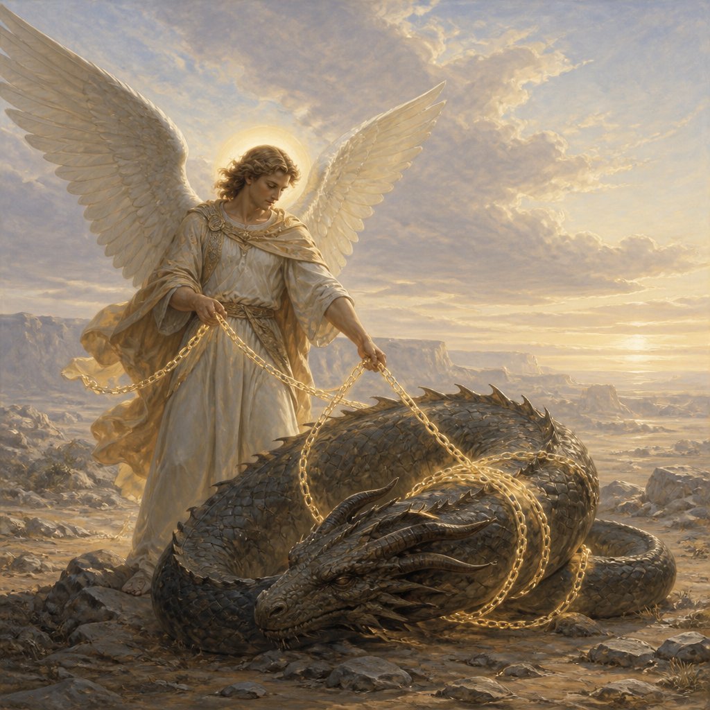 "And he laid hold on the dragon, that old serpent, which is the Devil, and Satan, and bound him a thousand years," - Revelation 20:{verse.verse_number}