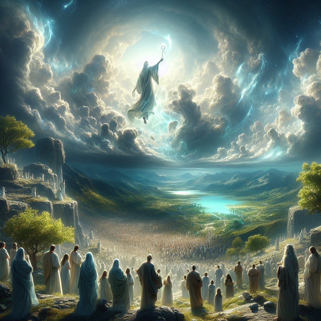 Psalms 50:4 - "He shall call to the heavens from above, and to the earth, that he may judge his people."
Visualize a majestic scene depicting the biblical verse Psalms 50:4 - 'He shall call to the heavens from above, and to the earth, that he may judge his people.' Envision this as if it were a piece of high-resolution digital art. The scene portrays an ethereal figure reaching out to the sky and down to the earth, representing a powerful, divine presence. A multitude of people await judgement beneath the figure, expressing fear, hope and anticipation. The heavens hold a celestial aura, while the earth displays a mixture of verdant landscapes and rocky terrain. The overall tone of the image should elicit a sense of sober respect and awe.