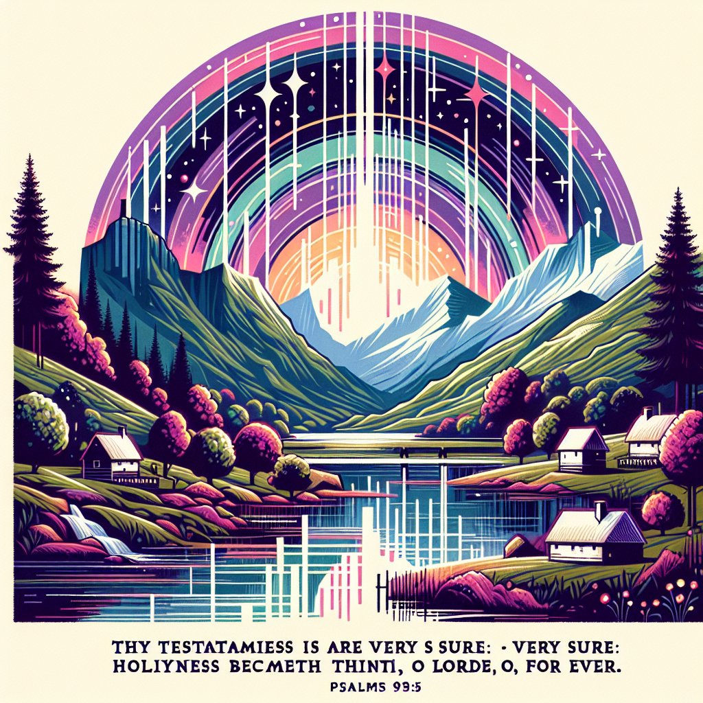 Psalms 93:5 - "Thy testimonies are very sure: holiness becometh thine house, O LORD, for ever."
Create a visual embodiment of the Biblical verse from Psalms 93:5, 'Thy testimonies are very sure: holiness becometh thine house, O LORD, for ever.' Consider using a scene that represents timeless devotion and sanctity. The style of the image should be digital, capturing the verses' thematic weights with modern techniques commonly found within digital art, such as distinct lines, bright colors, and detailed rendering.