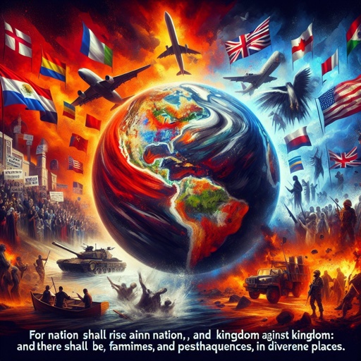 Matthew 24:7 - "For nation shall rise against nation, and kingdom against kingdom: and there shall be famines, and pestilences, and earthquakes, in divers places."

Embody the Biblical verse Matthew 24:7 - 'For nation shall rise against nation, and kingdom against kingdom: and there shall be famines, and pestilences, and earthquakes, in diverse places.' in an image. The image should depict dramatic scenes of international conflict, with different regions symbolized by various flags or symbols. Also include illustrative depictions of famine, disease, and earthquakes in different places around the globe. The chosen art style should incorporate modern digital artwork techniques, including bold colors, sharp contrasts, and abstract shapes to herald the intensity of the message.