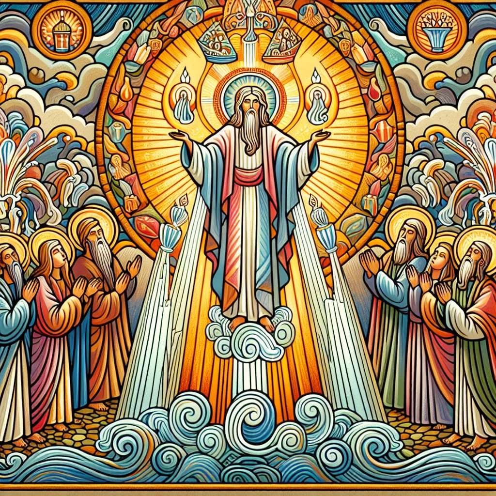 Ezekiel 20:41
Create a respectful and devotional depiction of the themes of Ezekiel 20:41. Illustrate this biblical passage with a rich set of simple forms and bright colors, typically associated with naive art. Include elements like worship, reverence, and divine aura, but do not include any words or text.