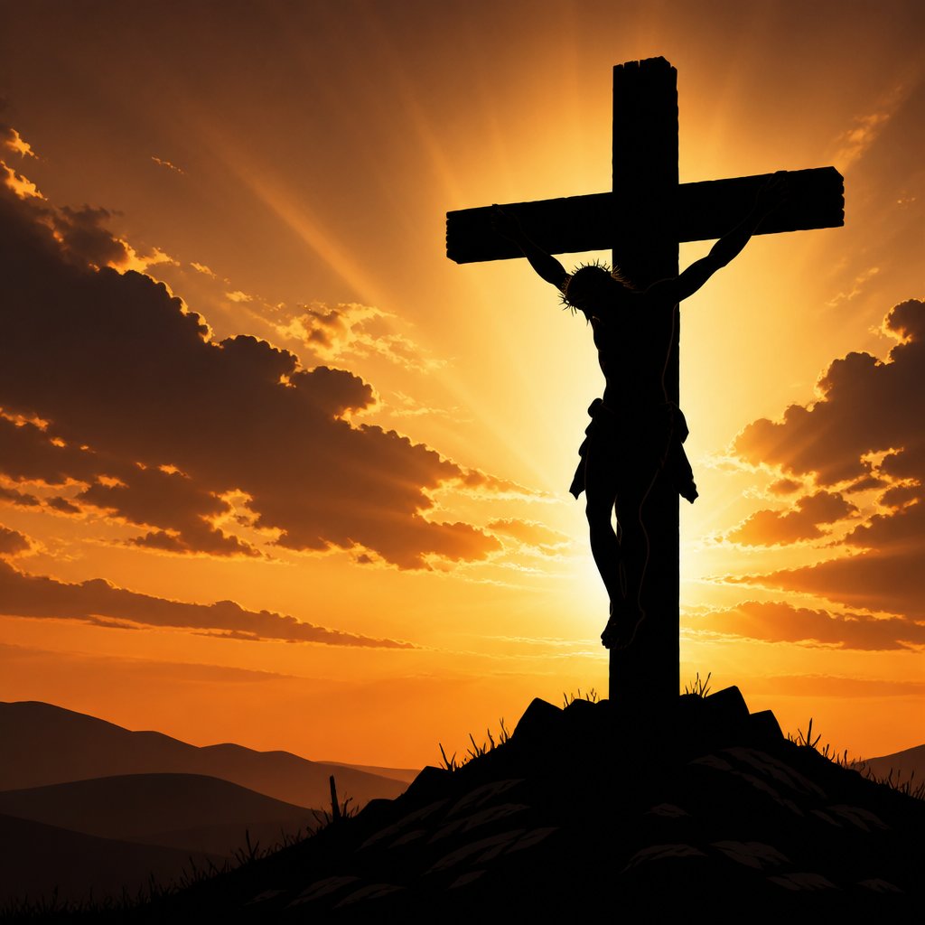 Pictorial representation of the Bible verse Galatians 6:14 in 16:9 ratio. The picture should have a cross where Jesus is on the cross while the verse is shown on the front