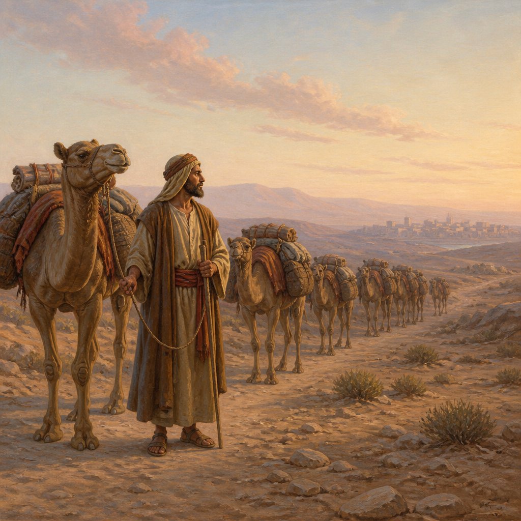 "¶ And the servant took ten camels of the camels of his master, and departed; for all the goods of his master were in his hand: and he arose, and went to Mesopotamia, unto the city of Nahor." - Genesis 24:{verse.verse_number}