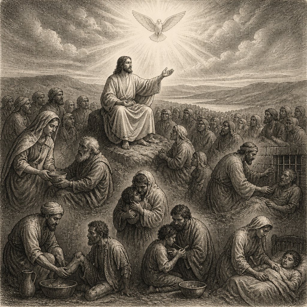 Jesus preaching to the masses about what they do for the least of them they do for Jesus Matthew 25:40 with Holy Spirit in the background