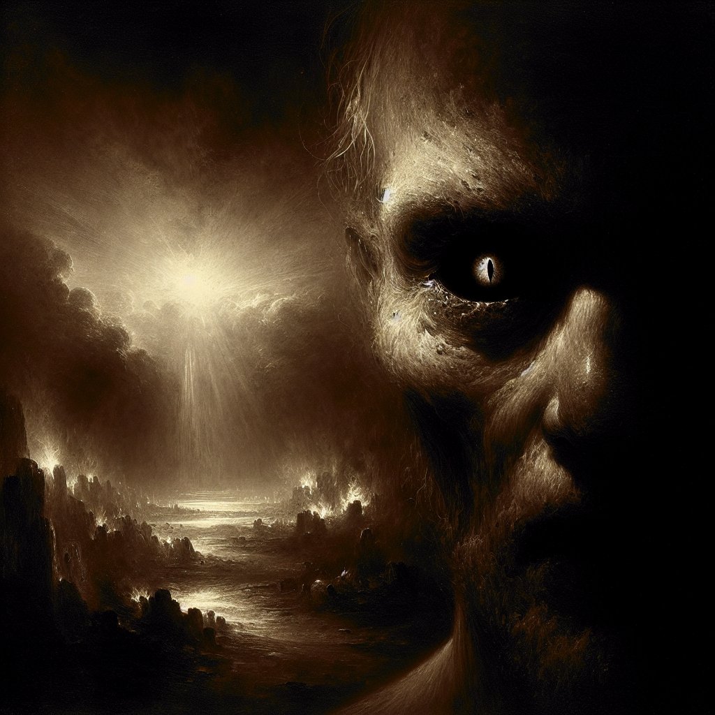 Matthew 6:23 - "But if thine eye be evil, thy whole body shall be full of darkness. If therefore the light that is in thee be darkness, how great is that darkness!"
In the artistic manner of chiaroscuro, popular during the Baroque period known for its strong contrast between light and dark, depict a scene inspired by the biblical verse Matthew 6:23 - 'But if thine eye be evil, thy whole body shall be full of darkness. If therefore the light that is in thee be darkness, how great is that darkness!'. Consider showcasing a single human eye, ominously dark and radiating an overwhelming darkness that fills the entire body, and even the surrounding environment. This vision should create a profound sense of foreboding, accentuating the juxtaposition between light and dark.