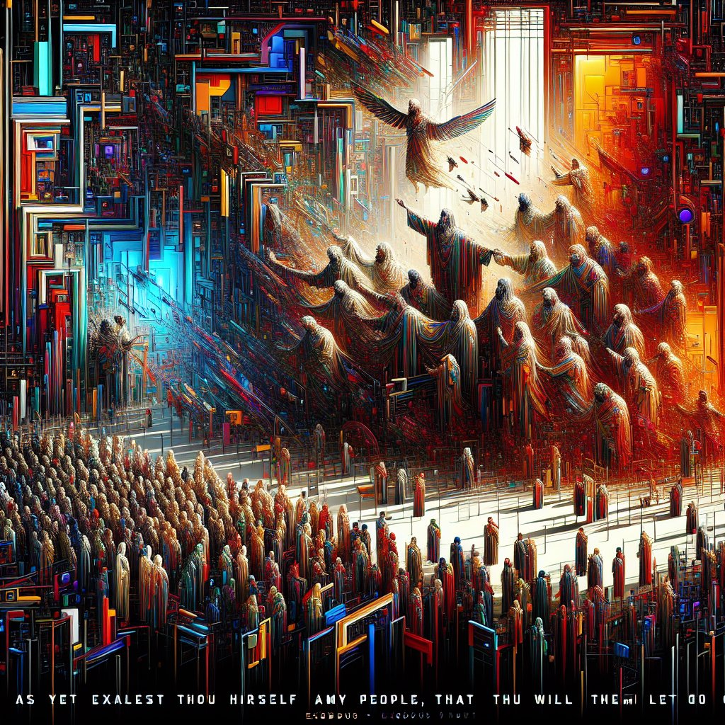 Exodus 9:17 - "As yet exaltest thou thyself against my people, that thou wilt not let them go?"
A representation of Exodus 9:17 - 'As yet exaltest thou thyself against my people, that thou wilt not let them go?' designed in modern digital art form. This interpretation may feature a multitude of colors, sharp contrast and intricate detail to reference the religious scripture. The scene encapsulates the intensity and gravity of the excerpt from Exodus, with the dialogue depicted in visually stunning and expressive digital typography. Maybe there's an anonymous figure at the center, representing the antagonist of this passage, with oppressed people yearning for freedom shown around. Capturing both the drama and solemnity of the Biblical passage.